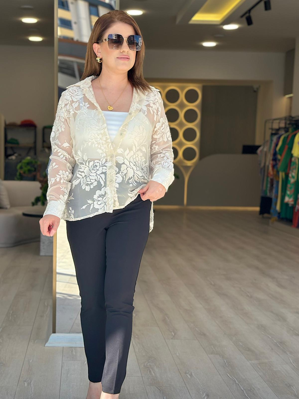 Gül Desenli Tül Gömlek EKRU