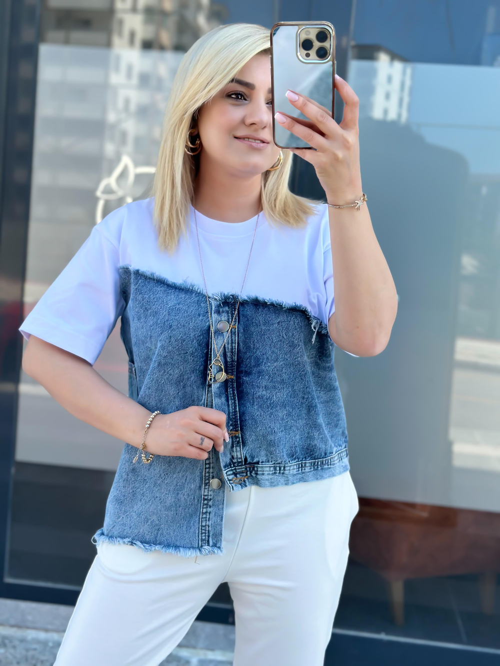 Jean Detaylı Düğmeli Tshirt BEYAZ