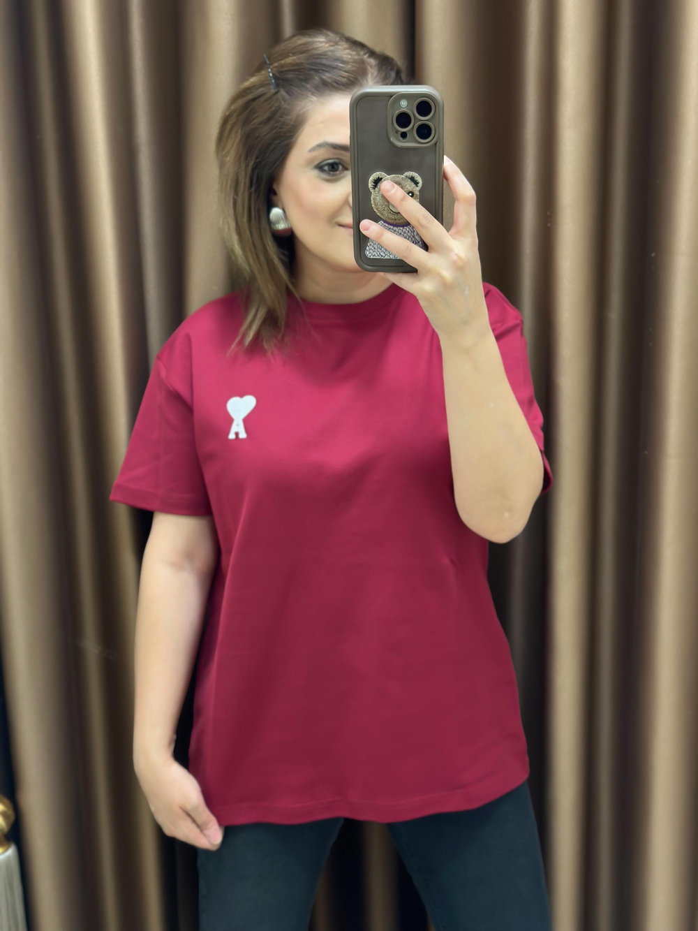 Kalp Detaylı Orjinal Marka Tshirt BORDO