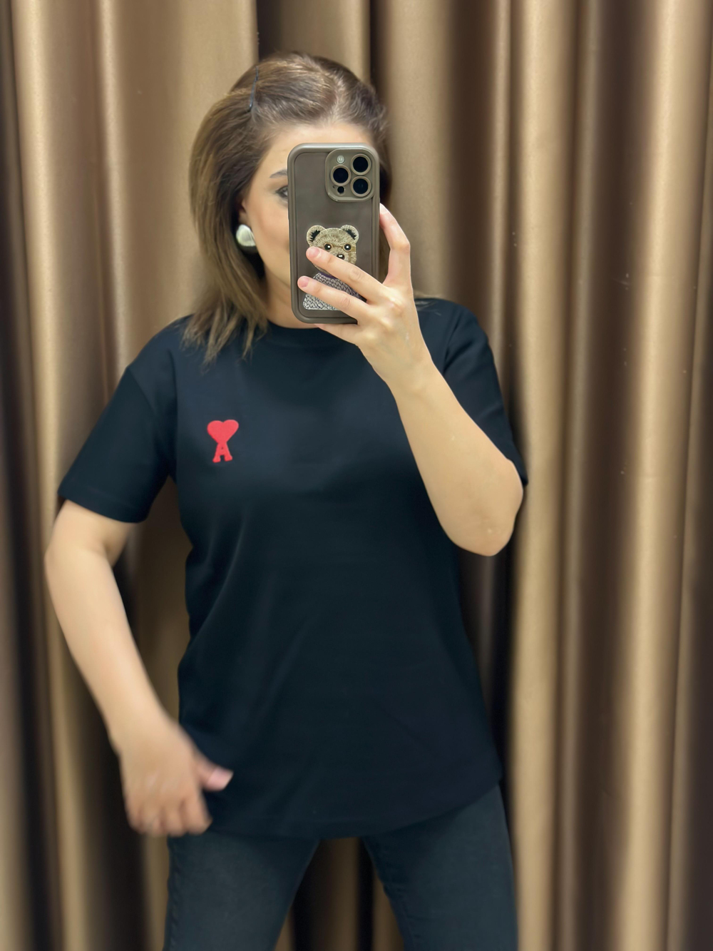 Kalp Detaylı Orjinal Marka Tshirt SİYAH