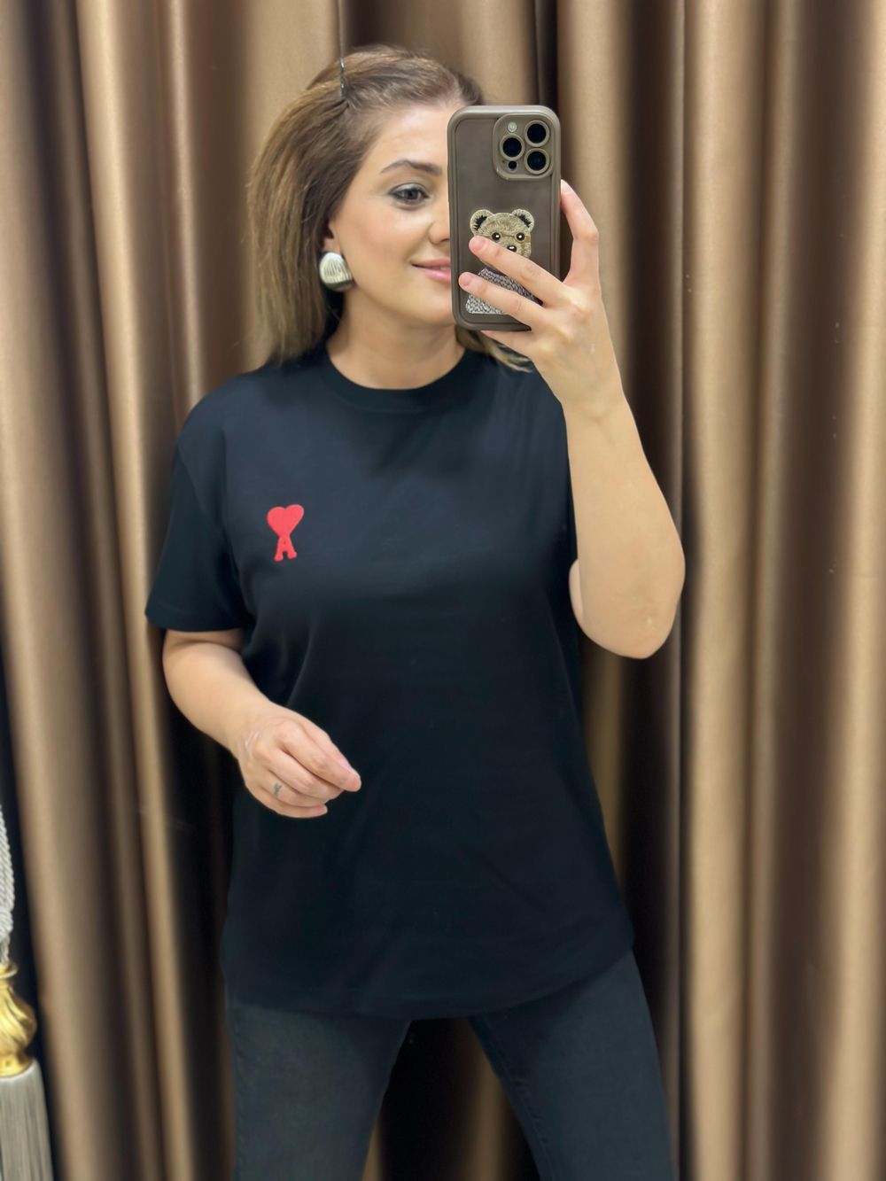Kalp Detaylı Orjinal Marka Tshirt SİYAH