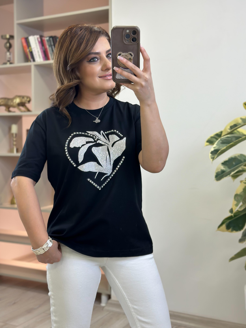 Kalp Taş Desenli Tshirt SİYAH