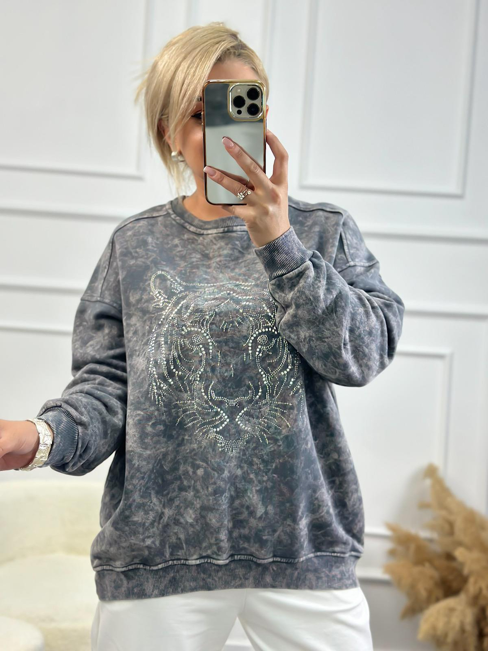 Kaplan Desen Taş İşleme Bisiklet Yaka Yıkama Kumaş Oversize Sweatshirt ANTRASİT