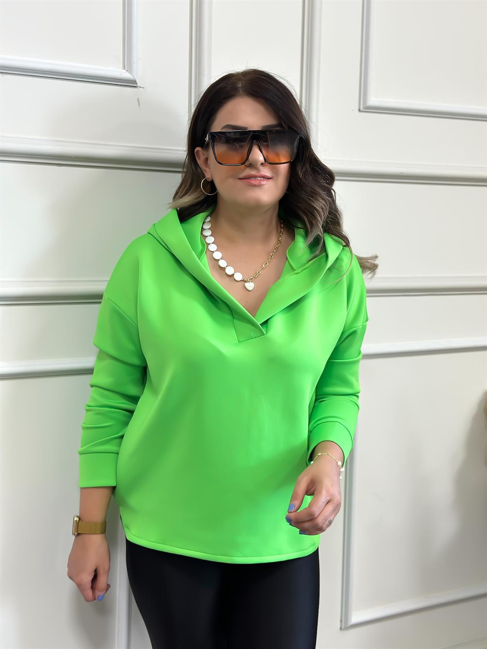 Kapşonlu Scuba Sweatshırt NEON YEŞİL