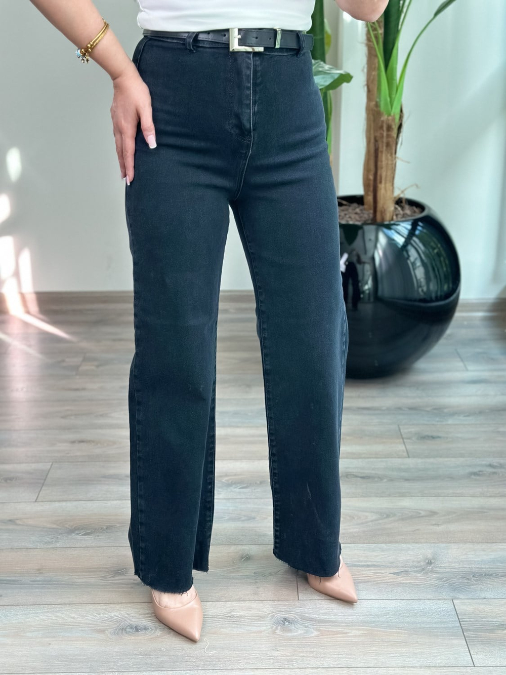 Kemerli Geniş Paça Kot Pantolon SİYAH