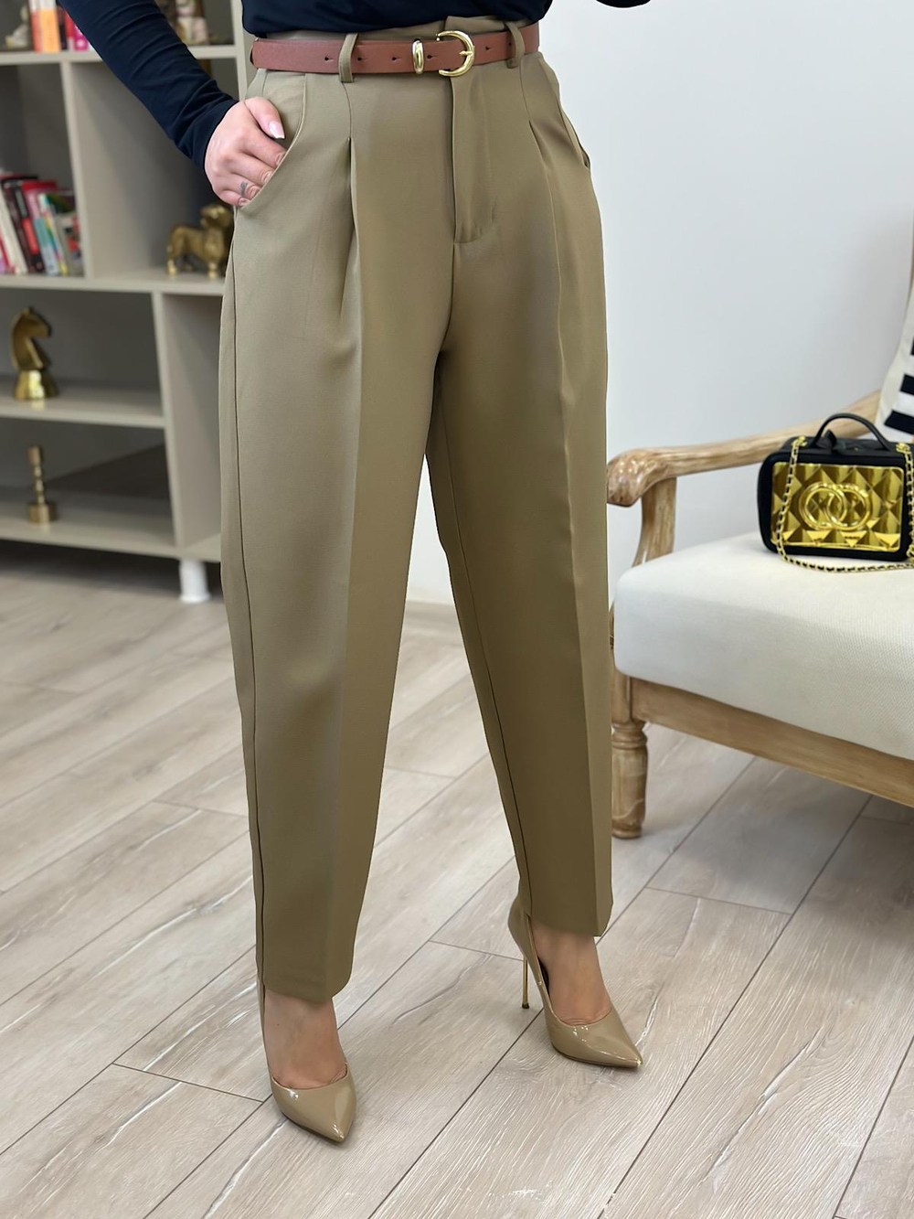 Kemerli Kumaş Pantolon OLİVE