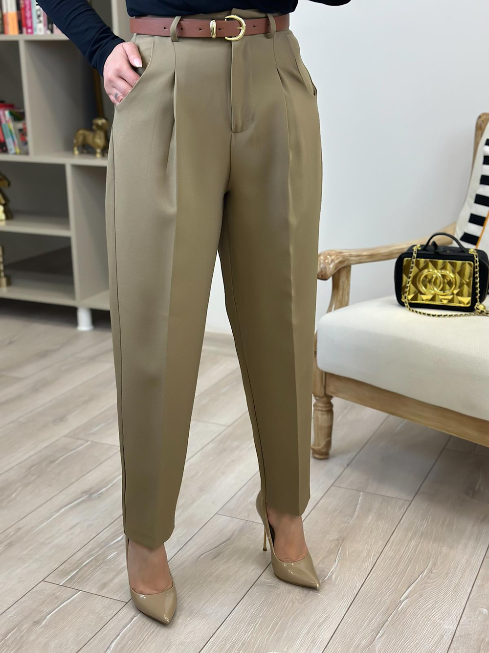 Kemerli Kumaş Pantolon OLİVE