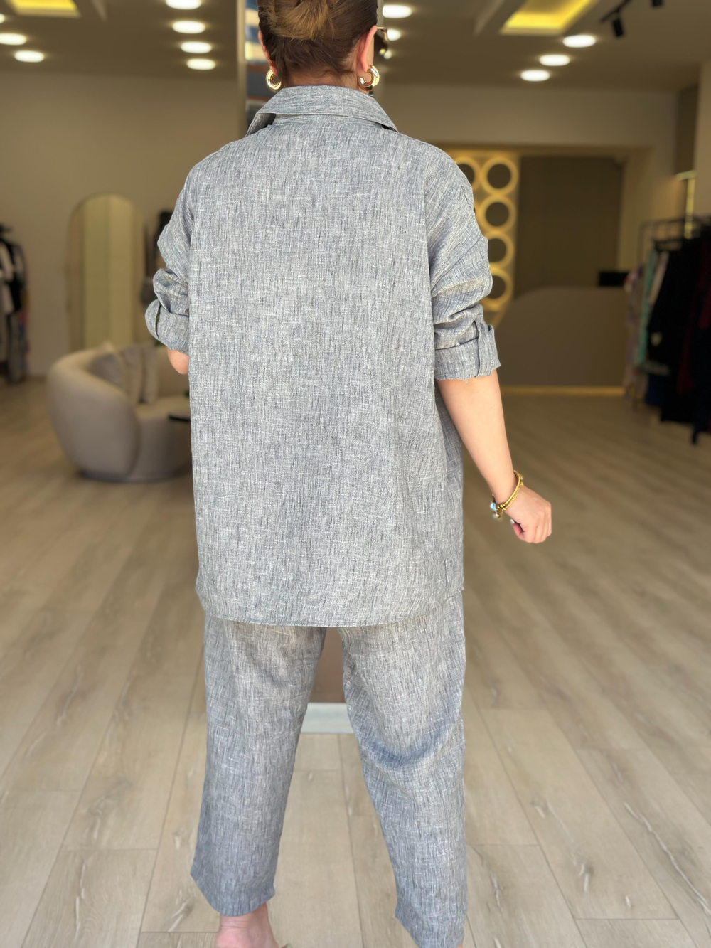 Keten Gömlek Pantolon Takım GRİ