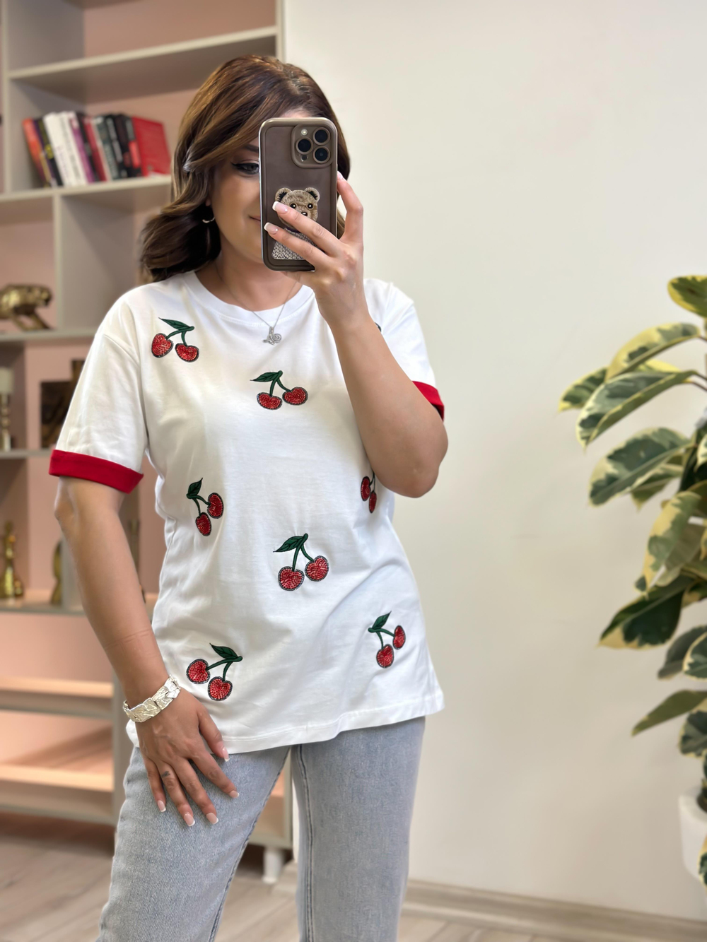 Kiraz Detaylı Tshirt BEYAZ