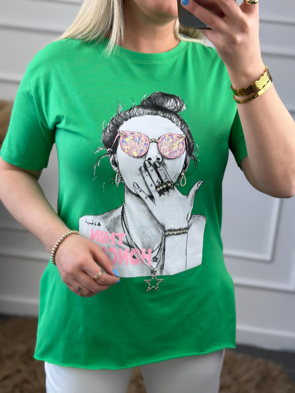 Kız Desenli Taş İşlemeli Tshirt YEŞİL