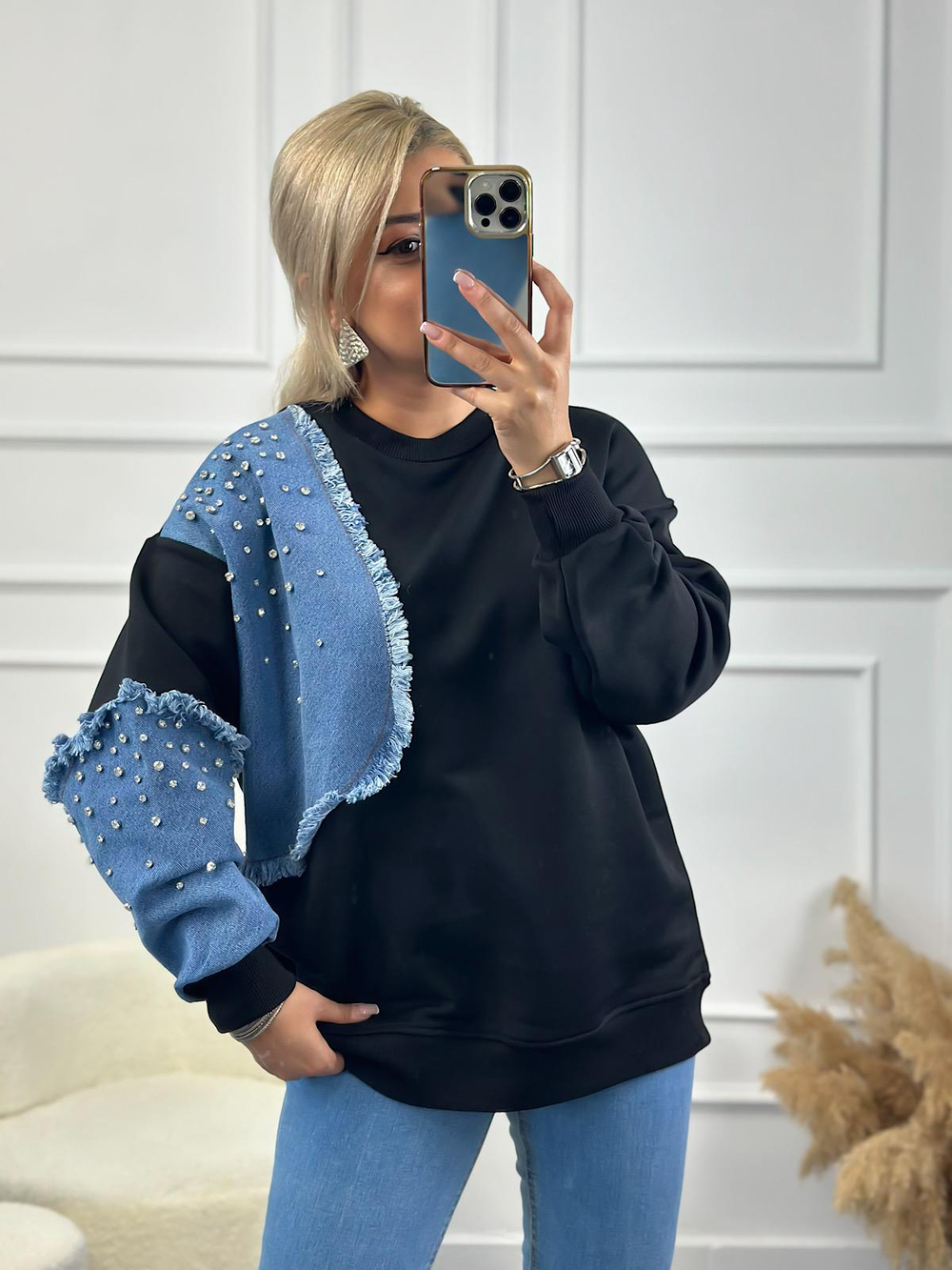Kol Ve Omuzu Kot Garinli Taş İşlemli Bisiklet Yaka Sweatshirt SİYAH