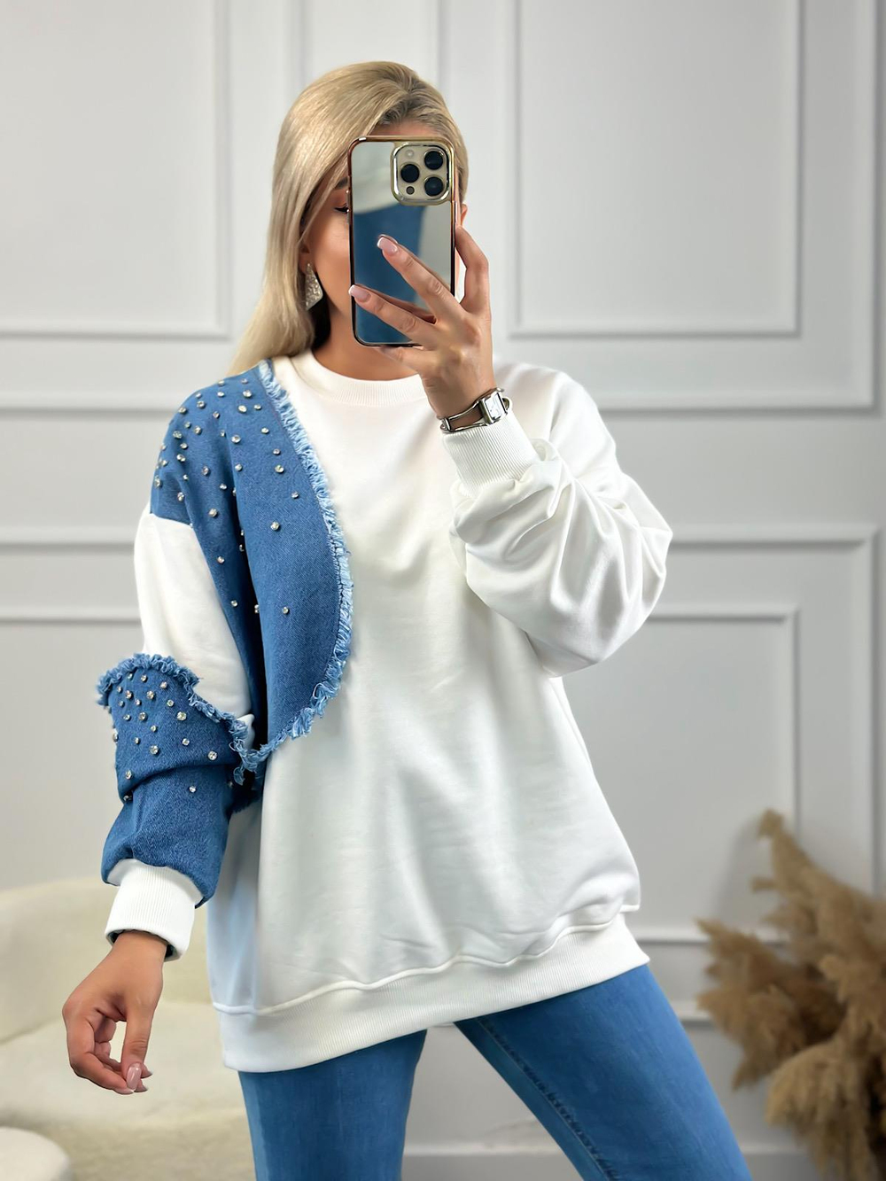 Kol Ve Omuzu Kot Garinli Taş İşlemli Bisiklet Yaka Sweatshirt BEYAZ