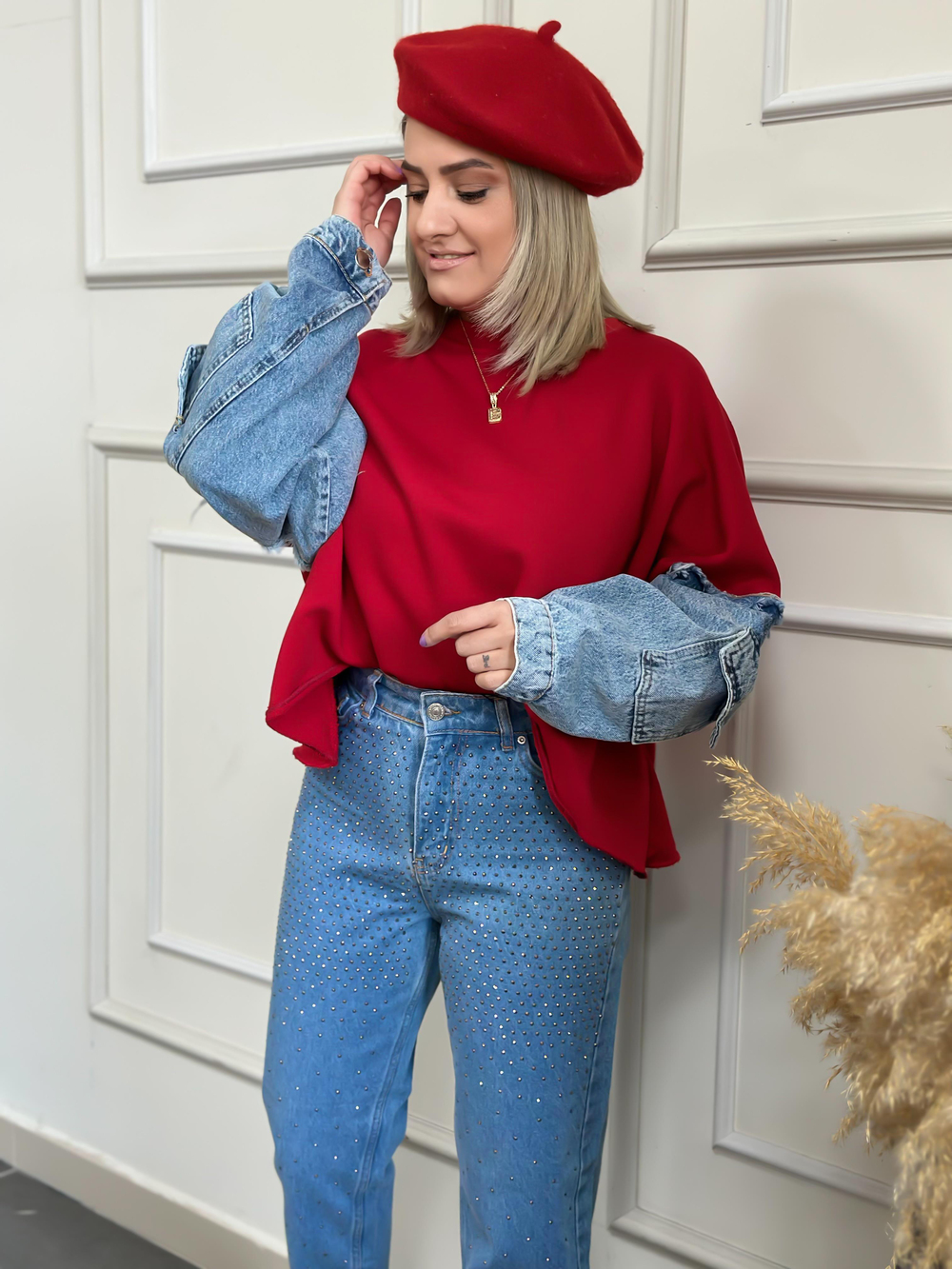 Kolları Kot Detaylı Sweatshirt KIRMIZI