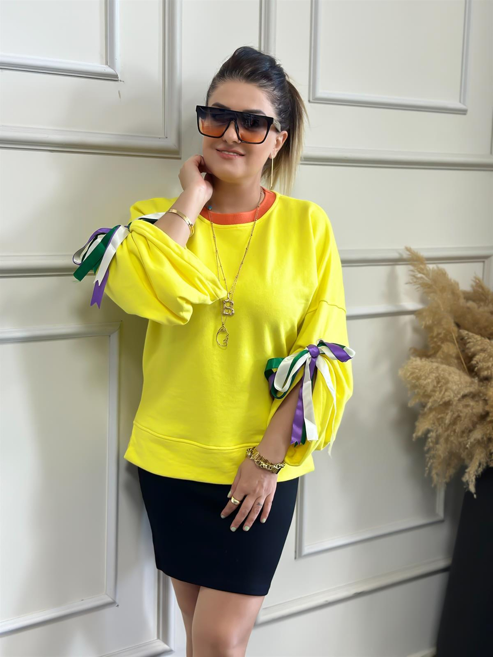 Kolları Renkli Kurdele Detaylı Sweatshırt Sarı