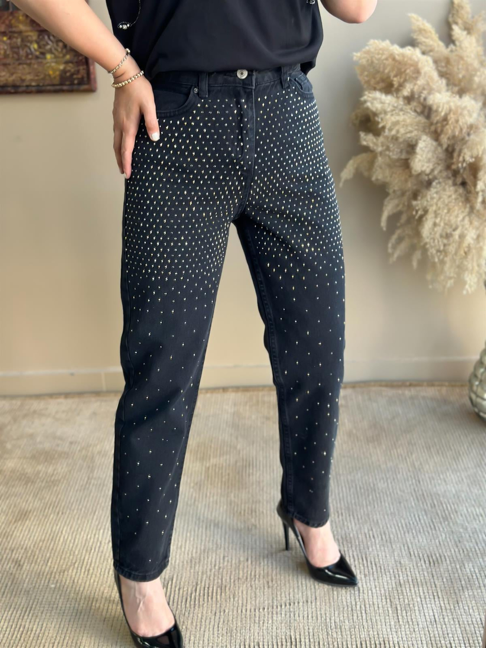 Komle Taş İşlemeli Kot Pantolon FÜME