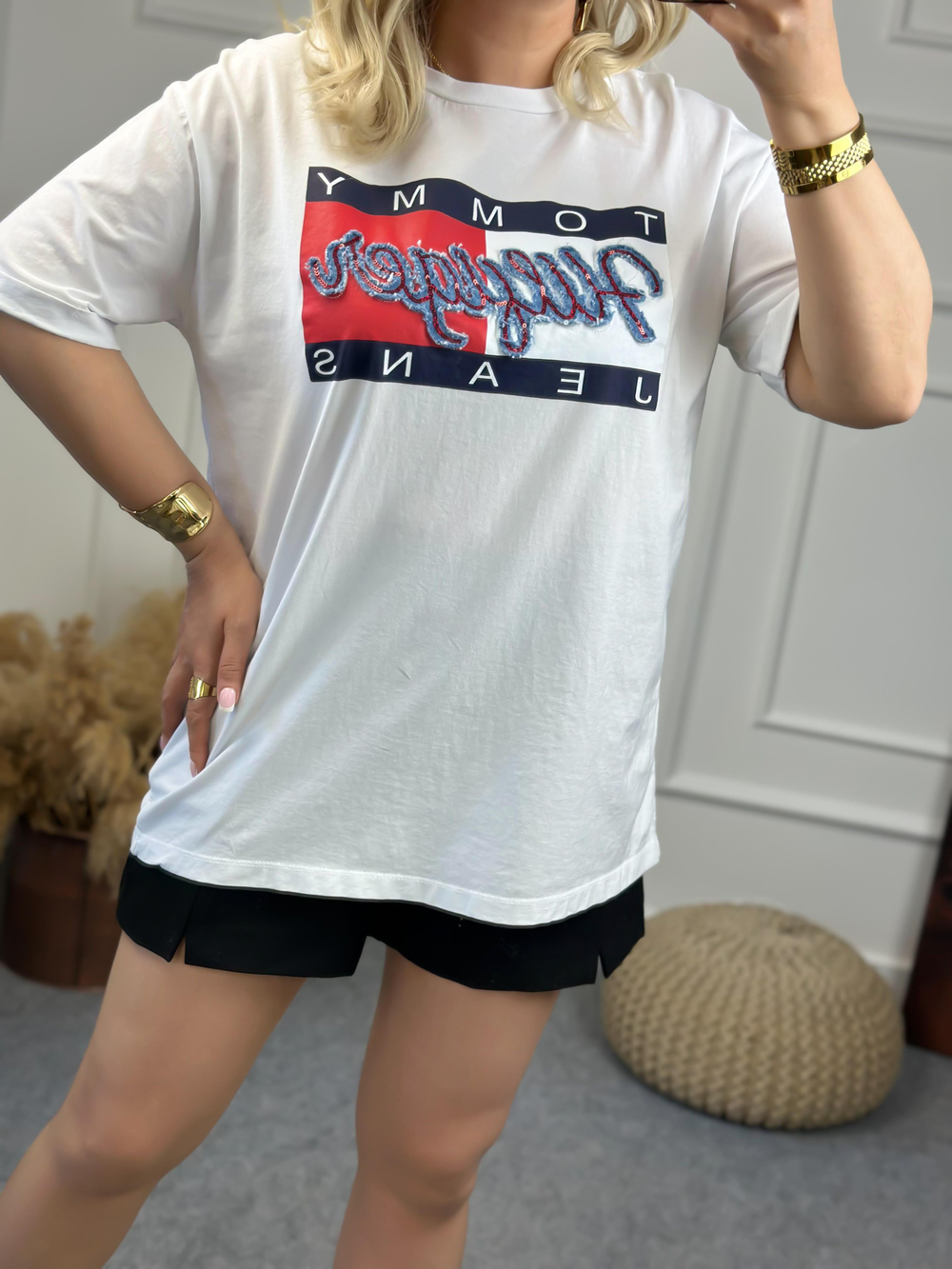 Kot Detaylı Tshirt BEYAZ