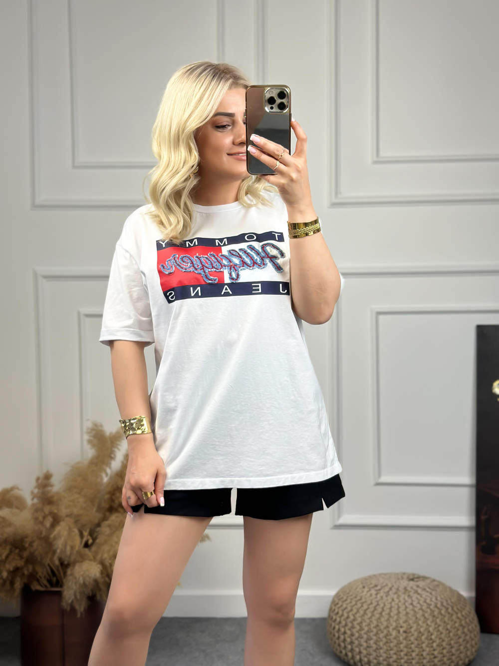Kot Detaylı Tshirt BEYAZ