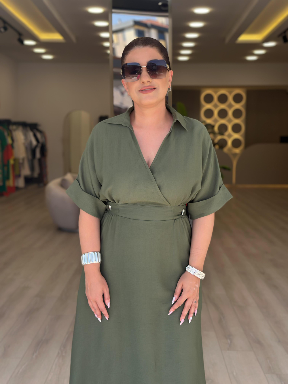 Kruvaze Yaka Yanları Düğme Detaylı Beli Lastikli Elbise HAKİ