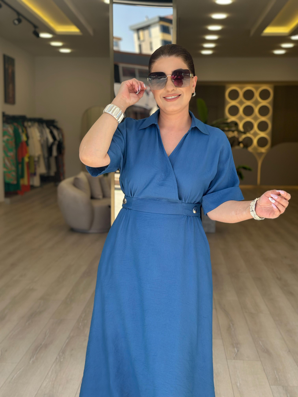 Kruvaze Yaka Yanları Düğme Detaylı Beli Lastikli Elbise MAVİ