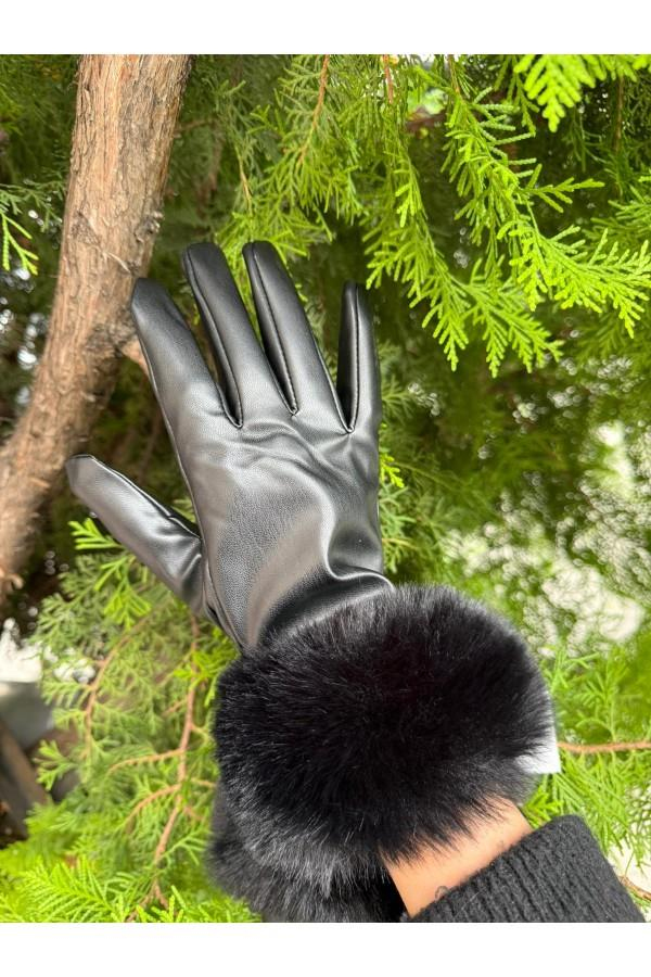 Kürklü  Deri Eldiven SİYAH
