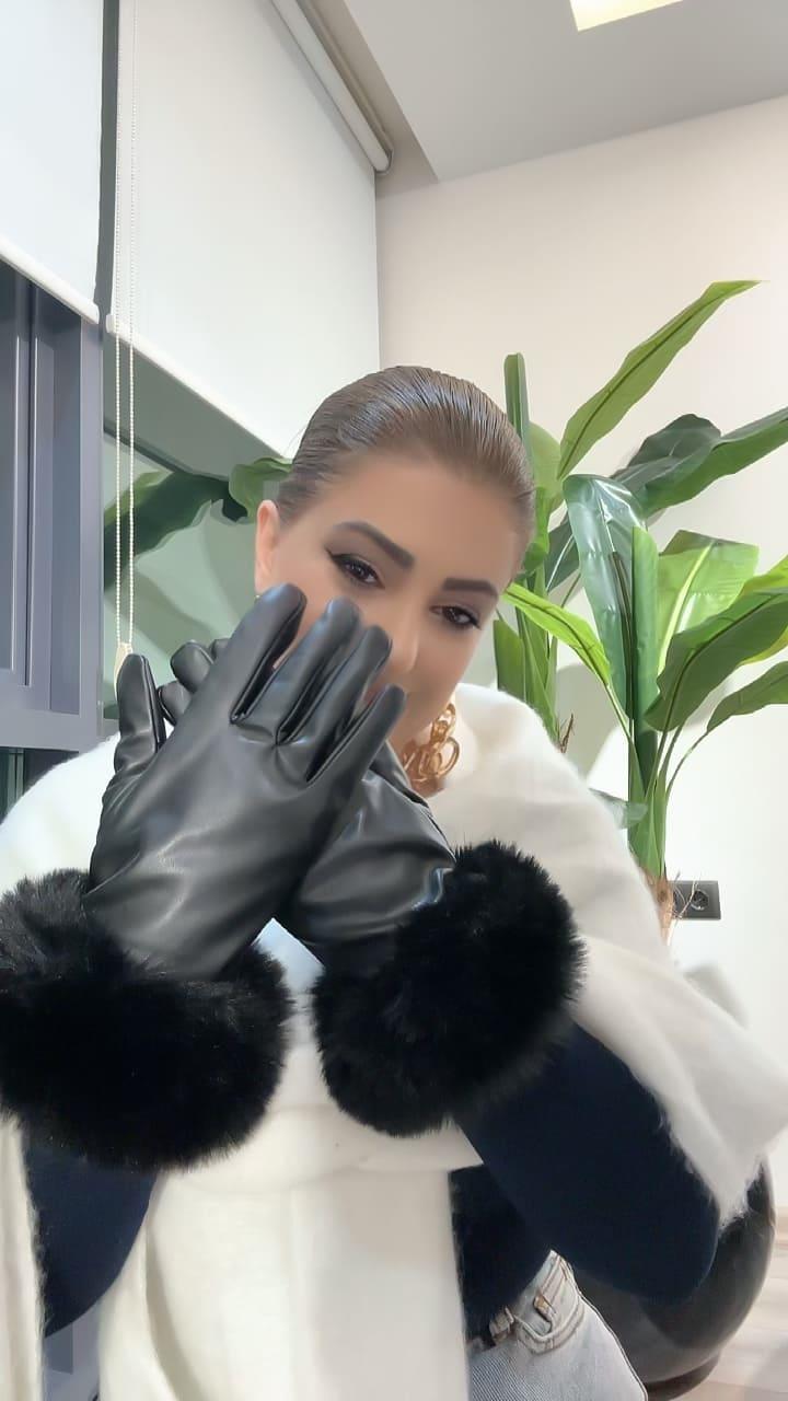 Kürklü  Deri Eldiven SİYAH
