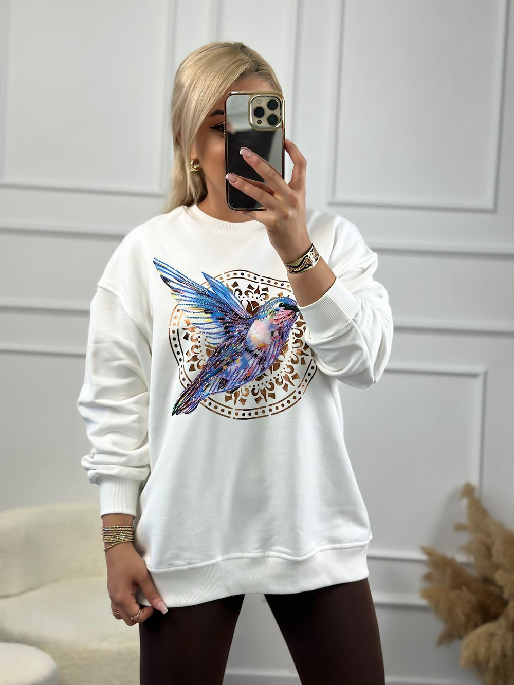 Kuş Baskılı Oversize Sweatshirt BEYAZ