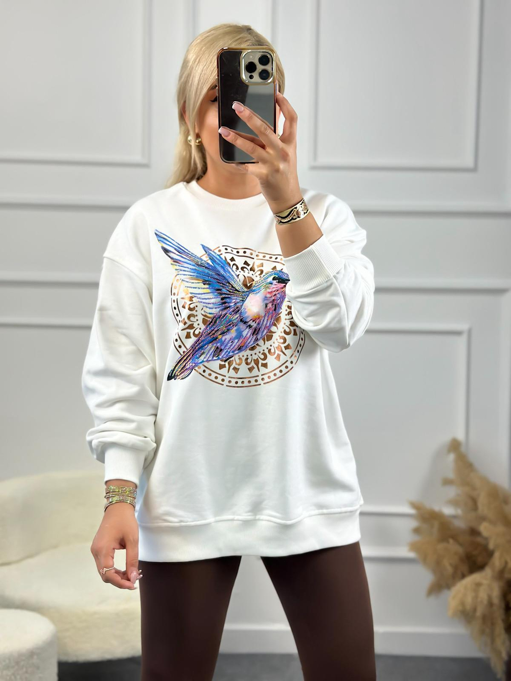 Kuş Baskılı Oversize Sweatshirt BEYAZ