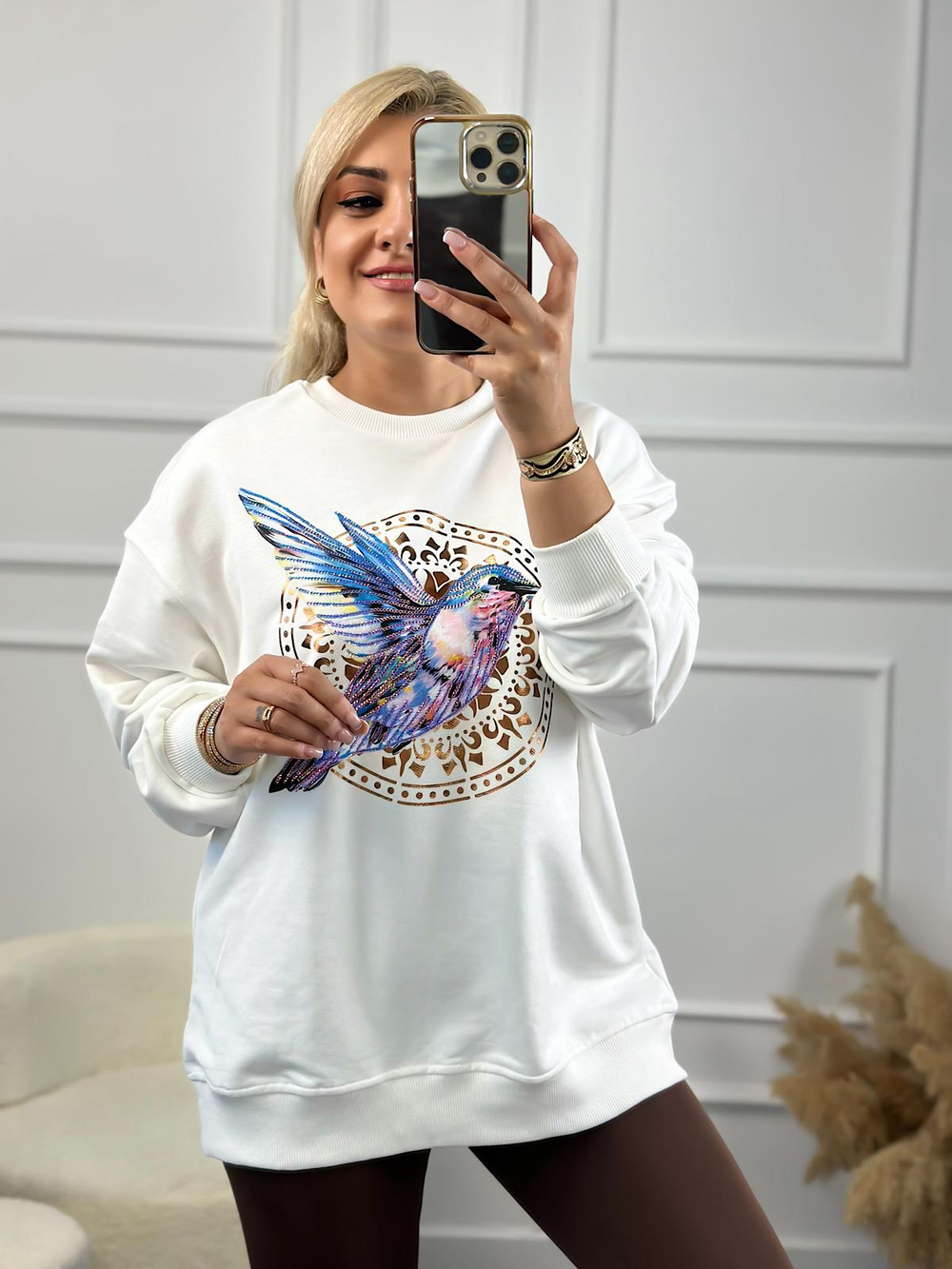 Kuş Baskılı Oversize Sweatshirt BEYAZ