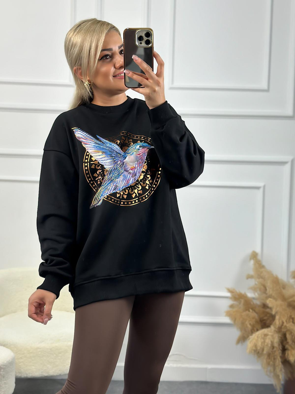 Kuş Baskılı Oversize Sweatshirt SİYAH