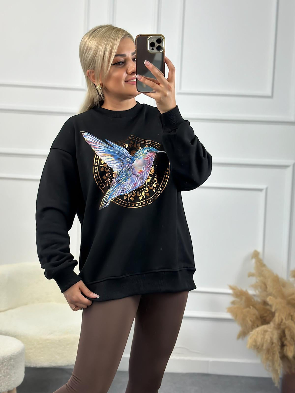 Kuş Baskılı Oversize Sweatshirt SİYAH