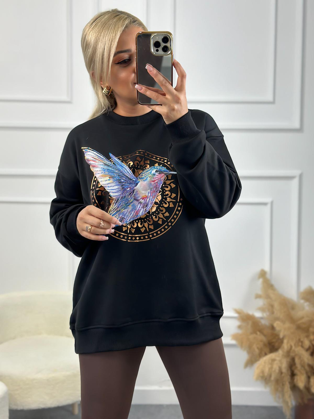 Kuş Baskılı Oversize Sweatshirt SİYAH