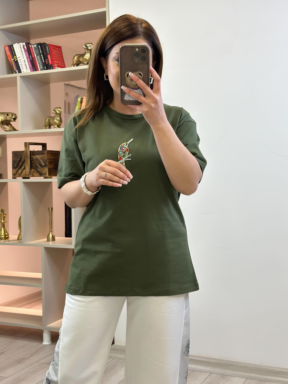 Kuş  Baskılı  Taşlı Tshirt HAKİ