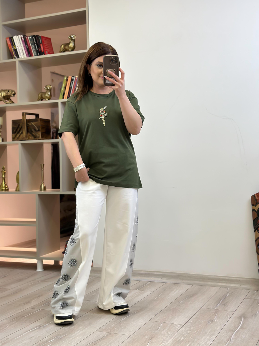 Kuş  Baskılı  Taşlı Tshirt HAKİ