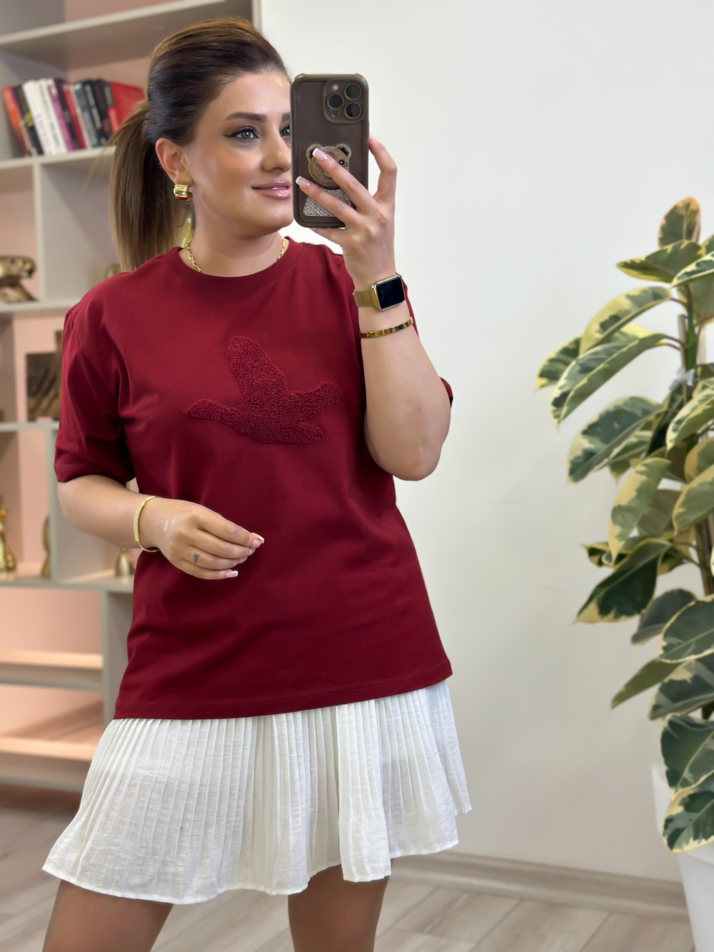 Kuş Kabartma Dokulu Tshirt BORDO