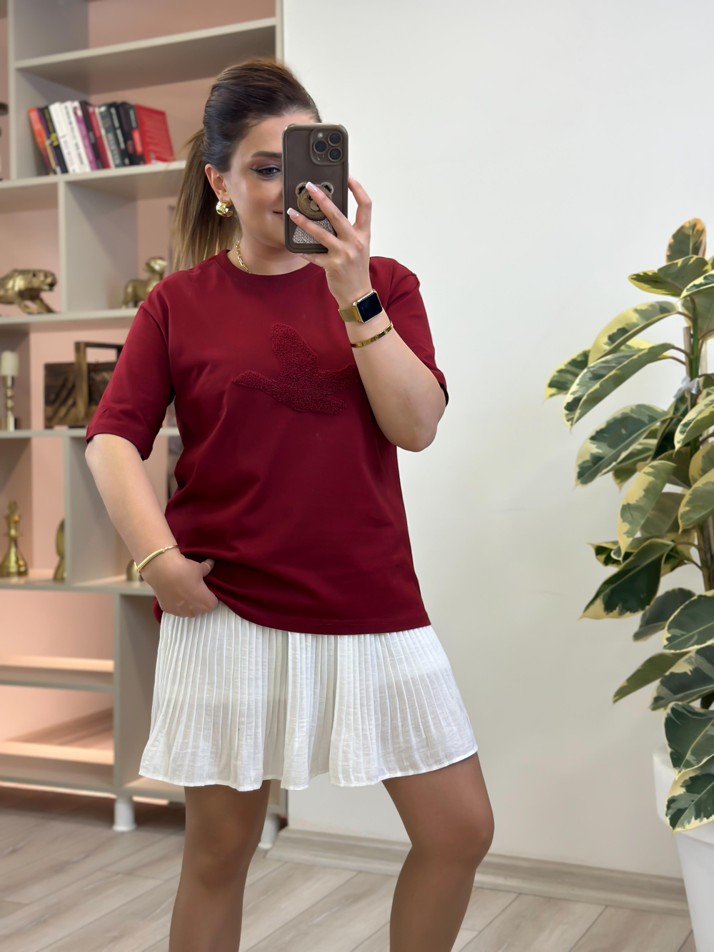 Kuş Kabartma Dokulu Tshirt BORDO