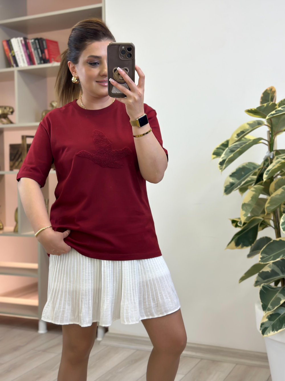 Kuş Kabartma Dokulu Tshirt BORDO