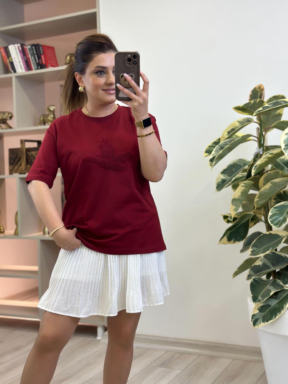 Kuş Kabartma Dokulu Tshirt BORDO