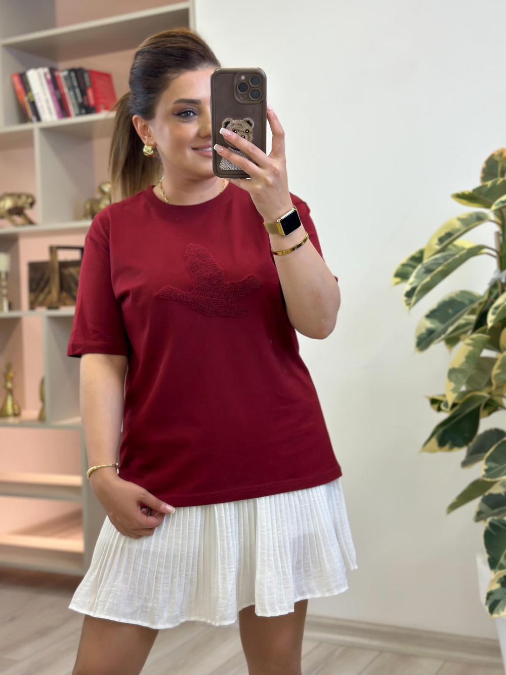 Kuş Kabartma Dokulu Tshirt BORDO