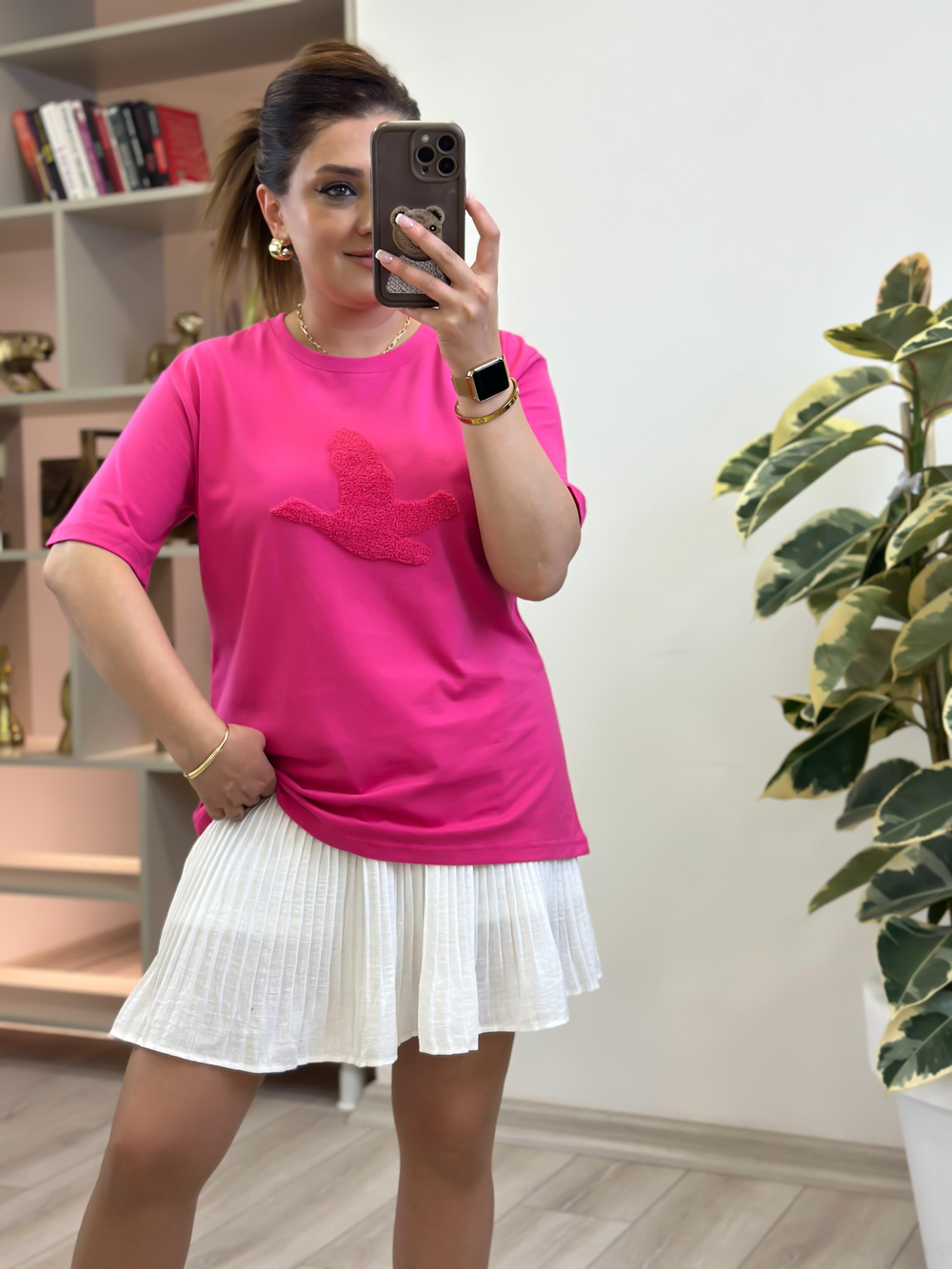 Kuş Kabartma Dokulu Tshirt FUŞYA