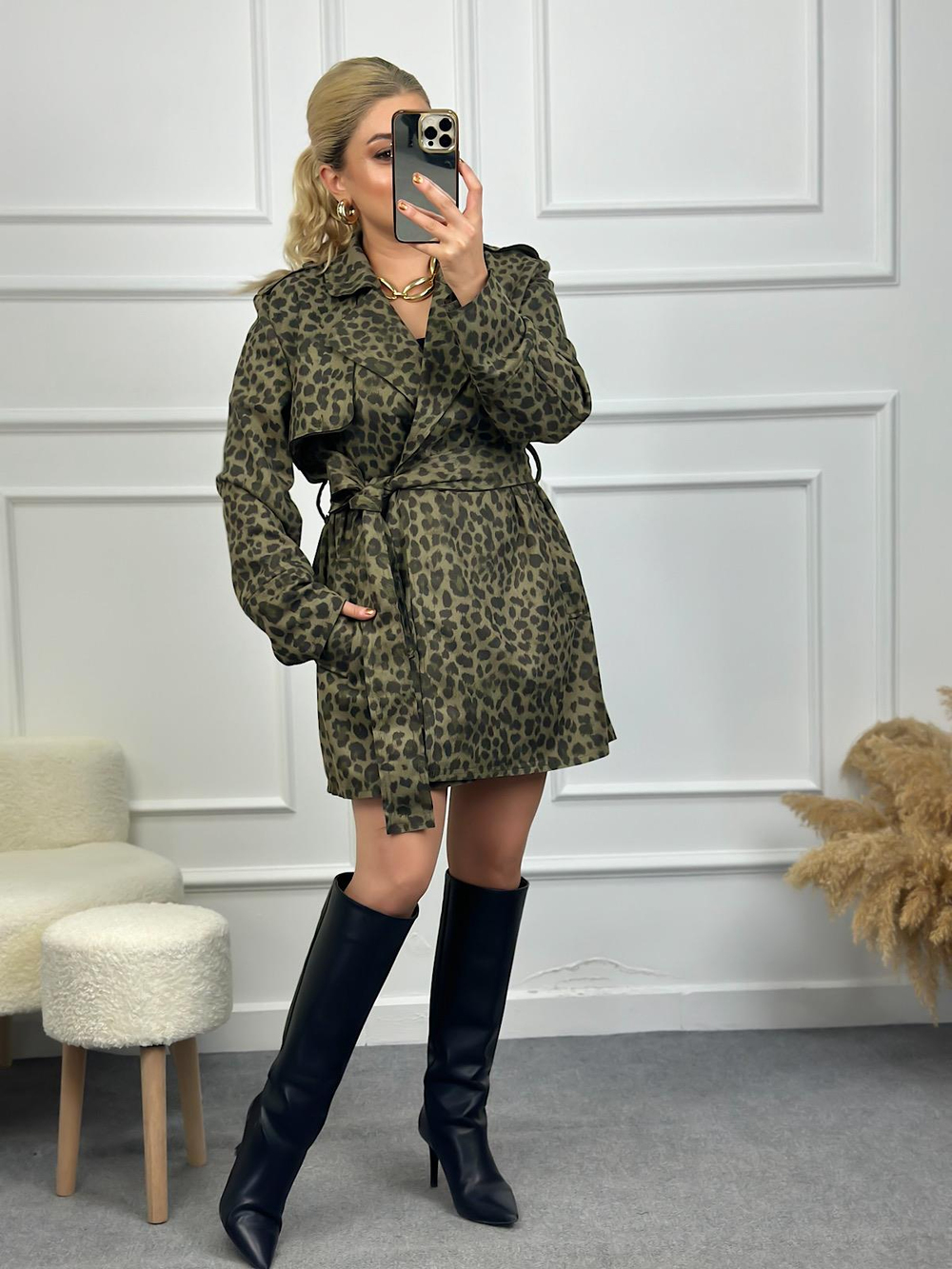 Kuşaklı Leopar Trençkot HAKİ