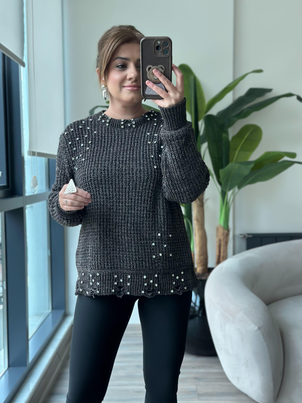 Lehan Tws Model Taş Detaylı Kazak GRİ