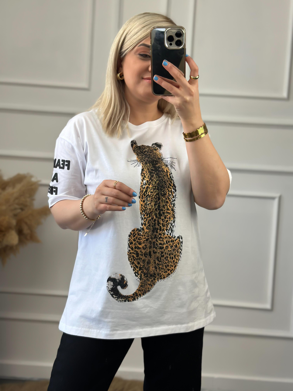 Leopar Basklı Taş İşleme  Biaikilet Yaka Oversize Tshirt BEYAZ