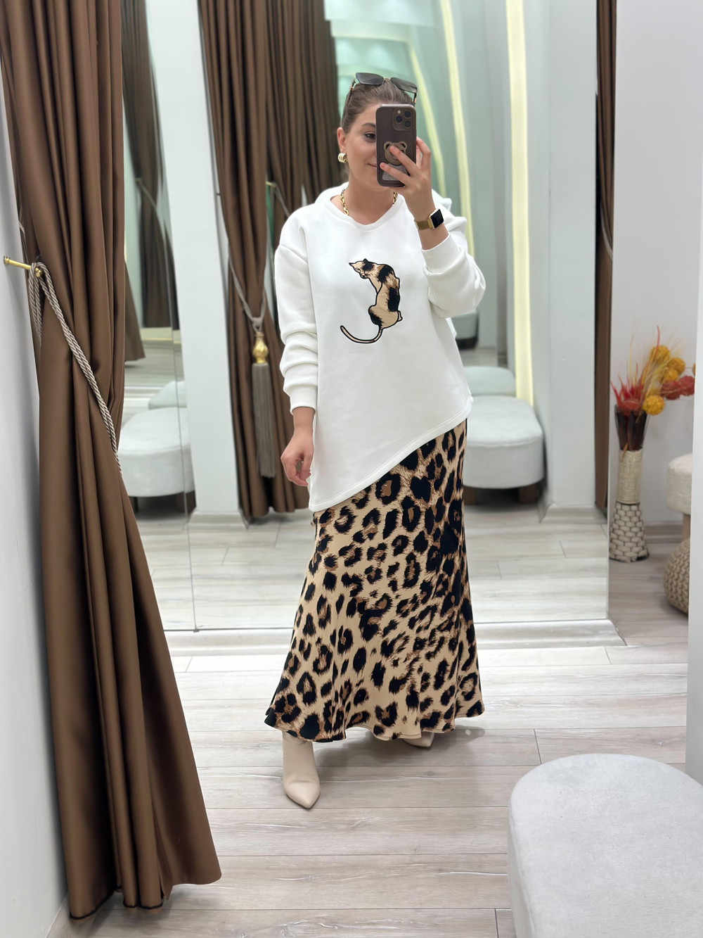Leopar Detaylı Etekli Sweatshirt 2 Li Takım BEYAZ