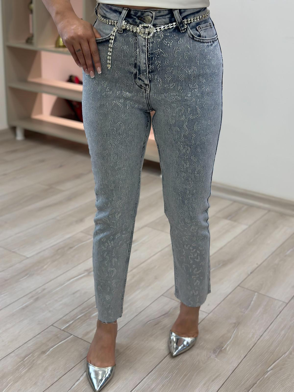 Leopar Taşlı Mom Fit Pantolon BUZ MAVİ