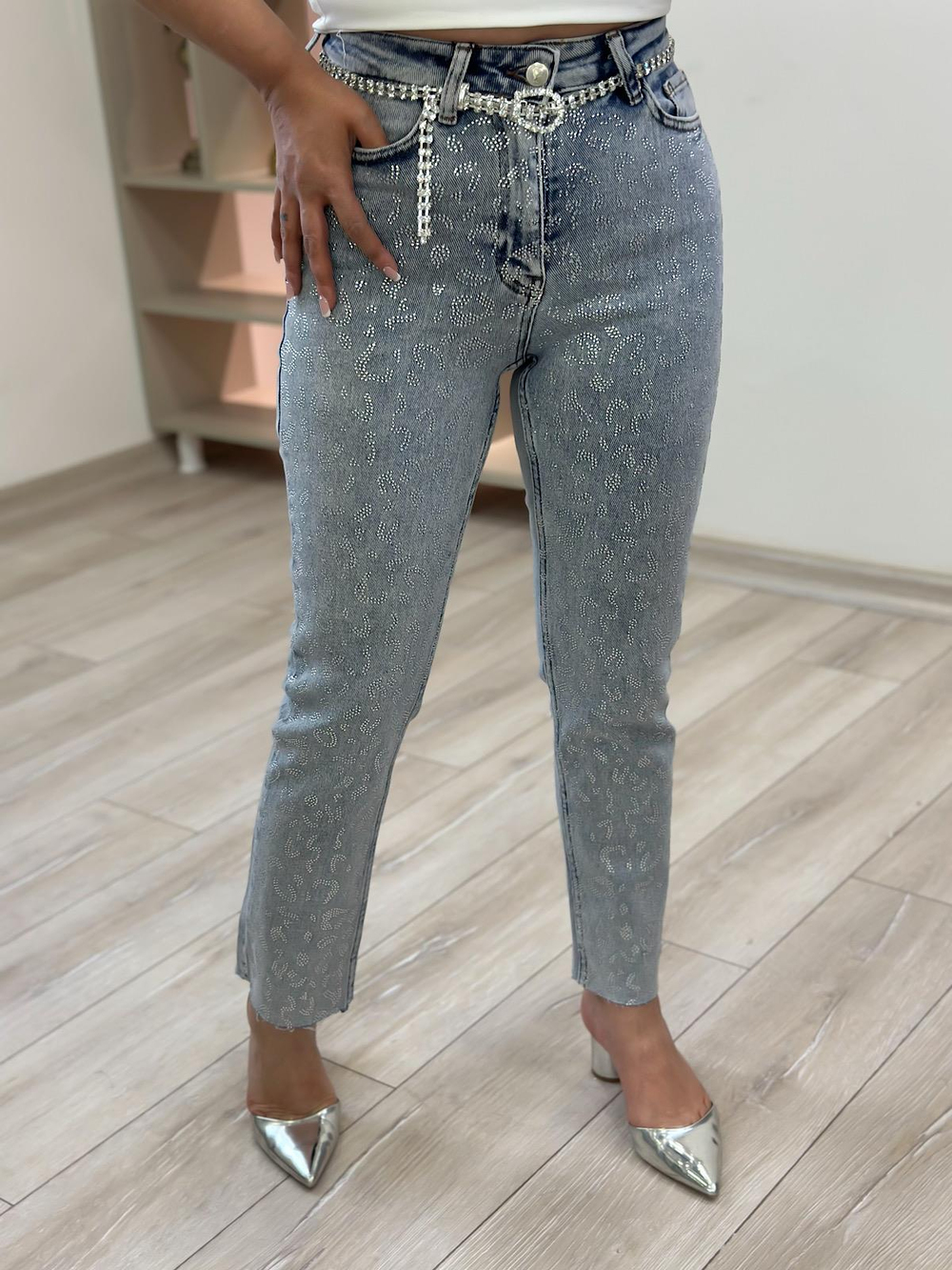 Leopar Taşlı Mom Fit Pantolon BUZ MAVİ