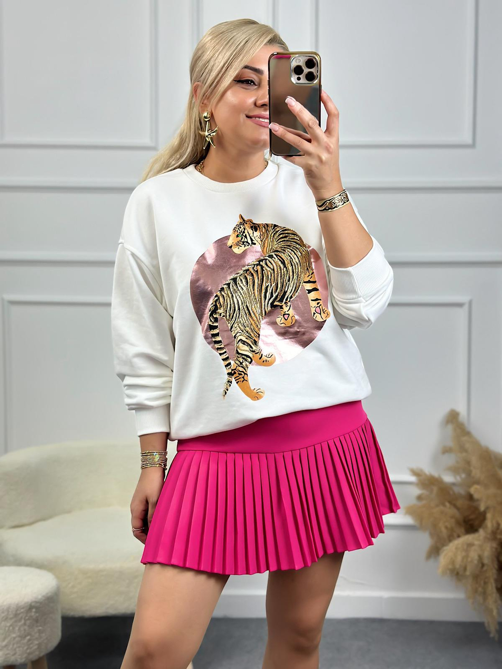Leopar Varak Baskılı Oversize Sweatshirt BEYAZ