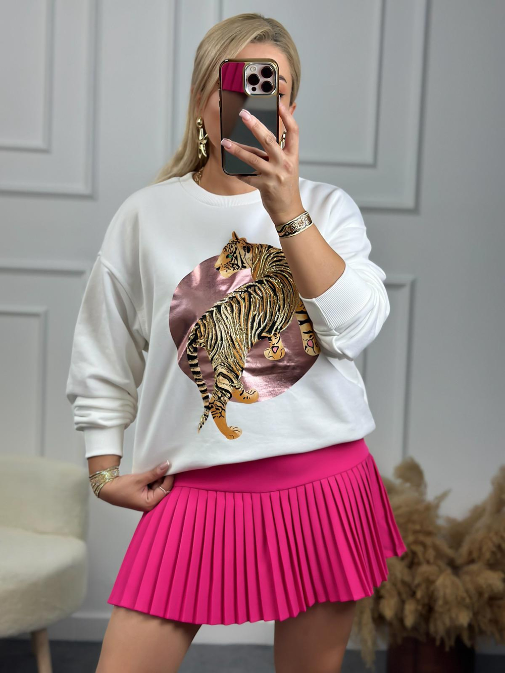 Leopar Varak Baskılı Oversize Sweatshirt BEYAZ