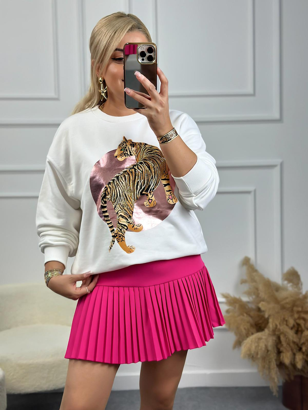 Leopar Varak Baskılı Oversize Sweatshirt BEYAZ