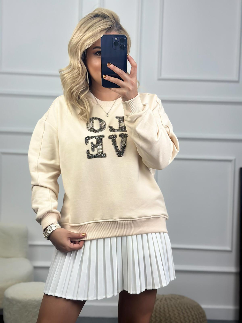 Love Baskılı Taşlı Sweatshirt BEJ