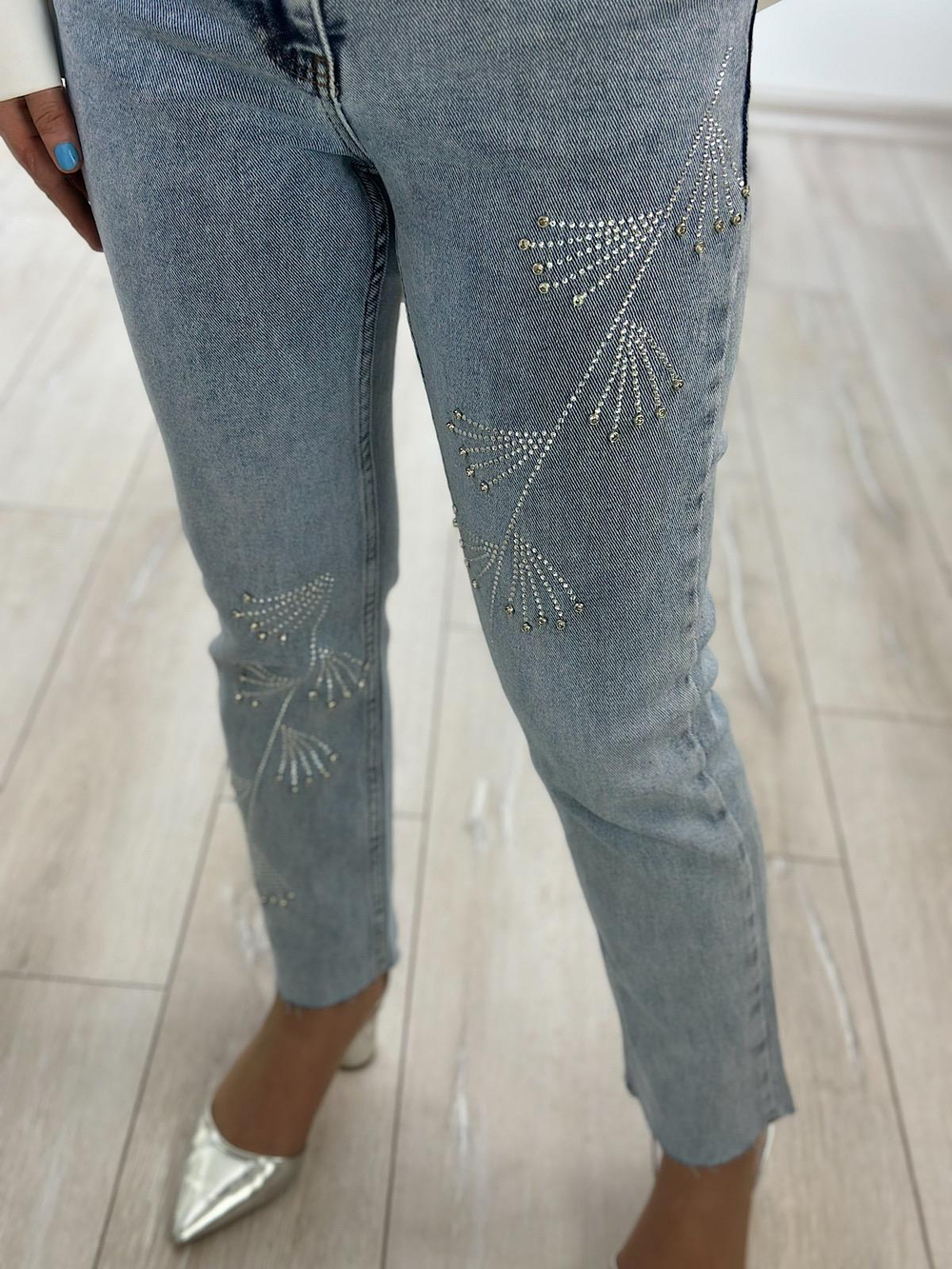 Lüks Kalite Çapraz Taşlı Mom Fit Pantolon BUZ MAVİ